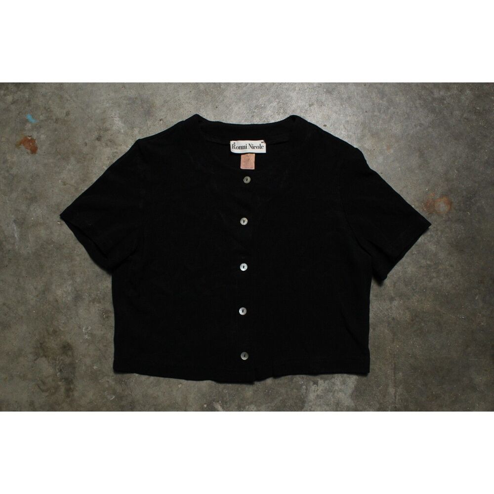 Vintage 90's Ronni Nicole Textured Acetate Black Button Down Crop Top Size 10